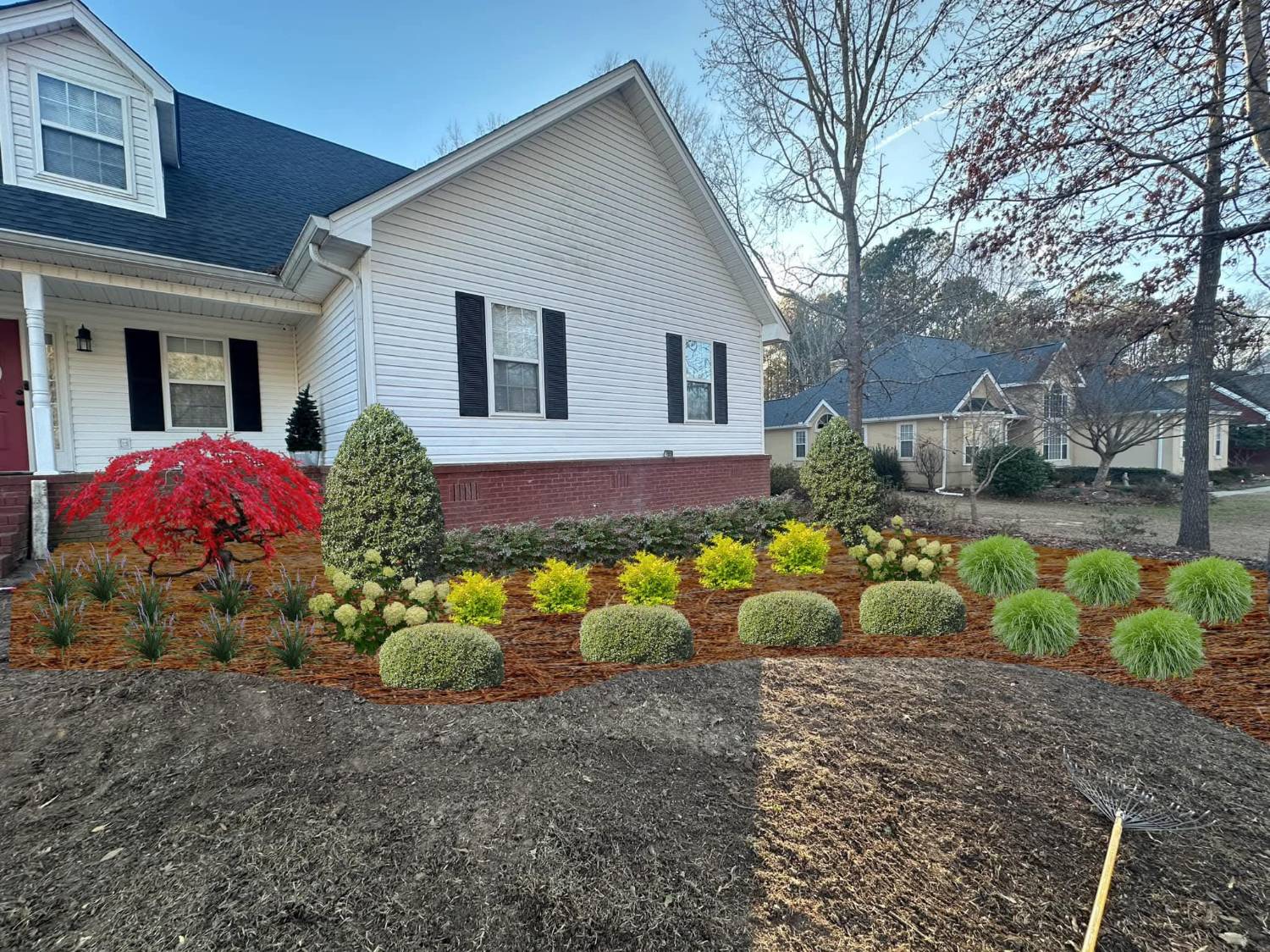 Design proposal: red Japanese maple, hydrangeas and grasses in a new front bed