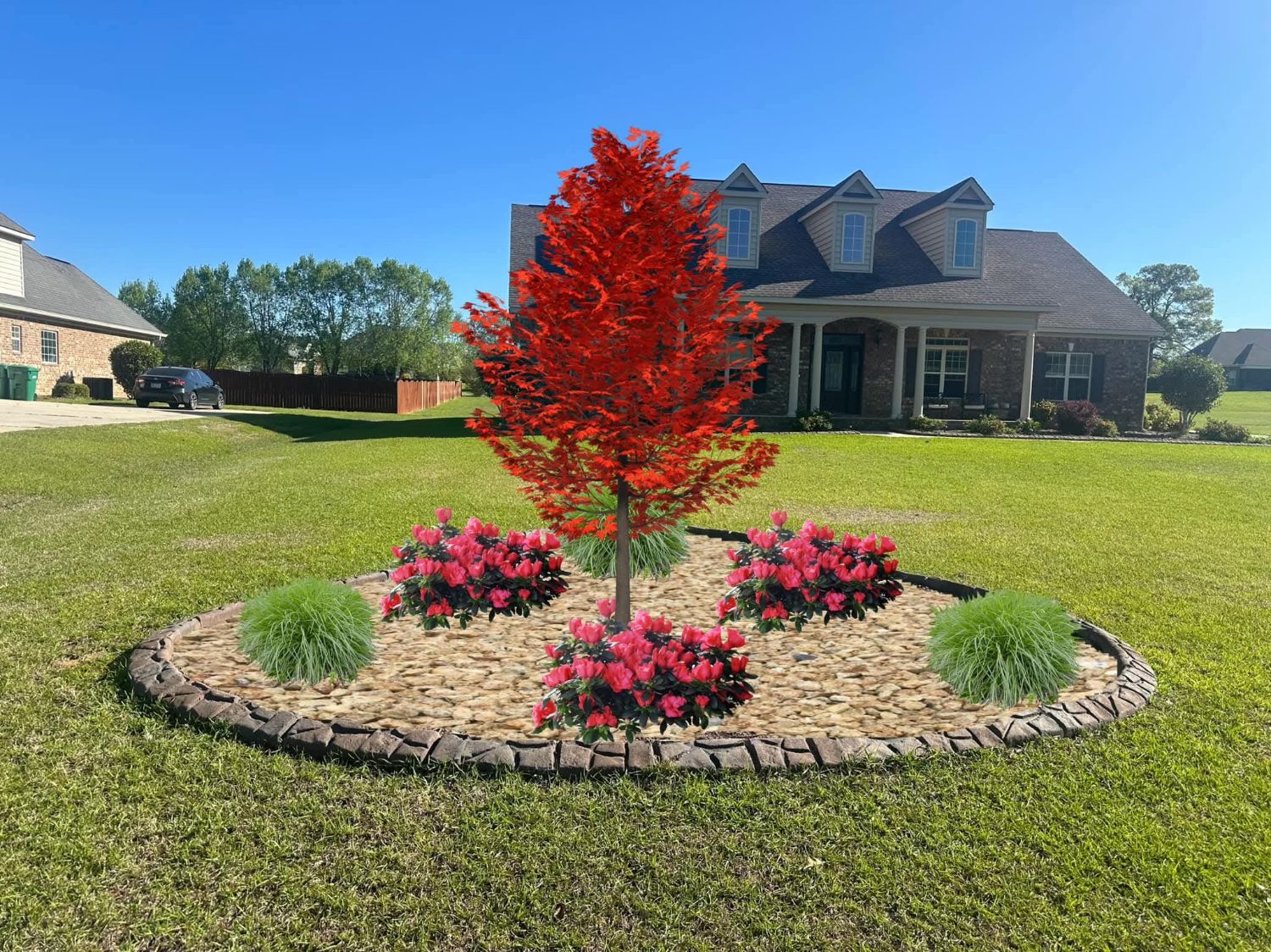 Design rendering: red maple island with azaleas and grasses in a rock bed with stone edging